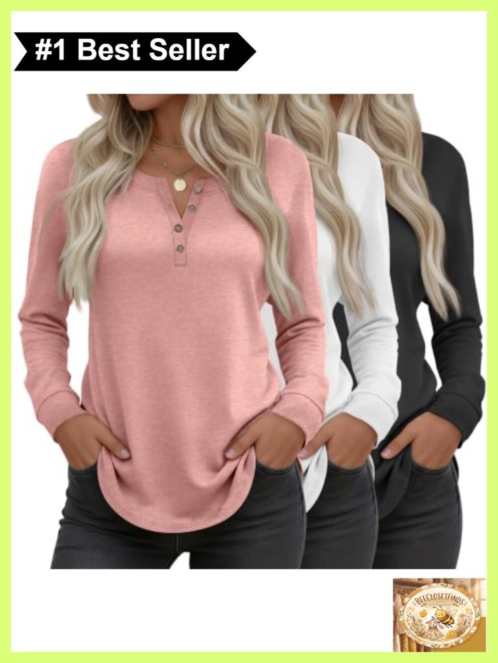 Women's Long Sleeve Henley Shirts Tunic Tops 3 Pack Curved Hem